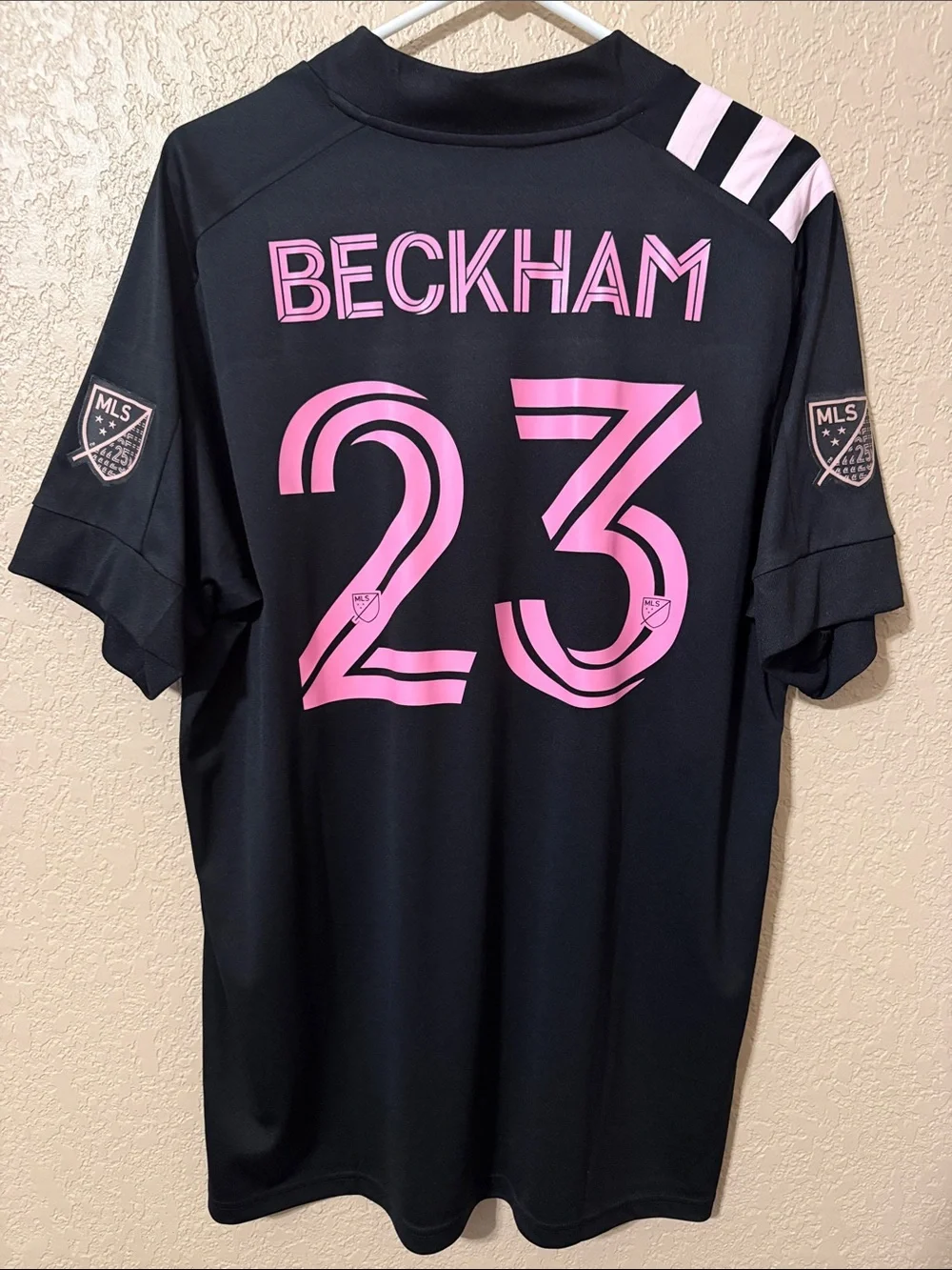 adidas Men’s Black Soccer Jersey Beckham #23 with Pink Details